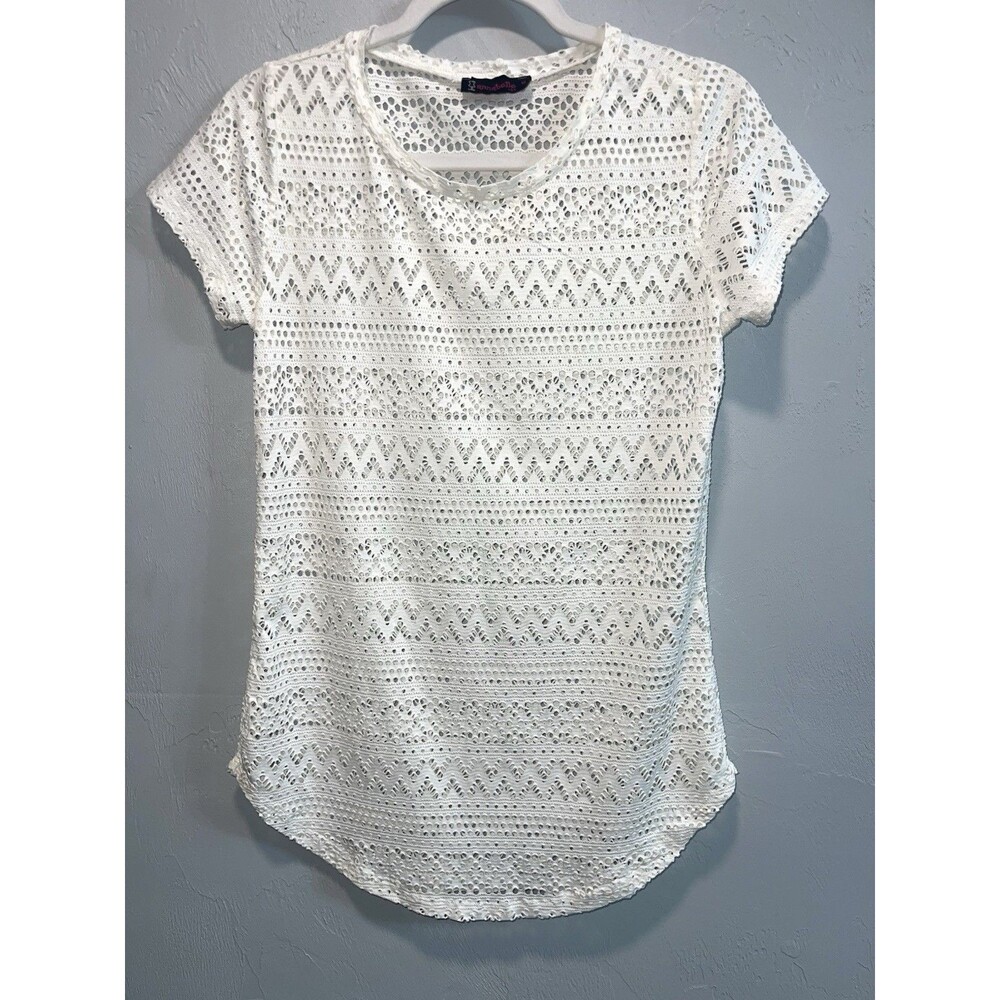 Cream Crochet Lace Sheer Boho Short Sleeve Open Knit Top Women’s Medium